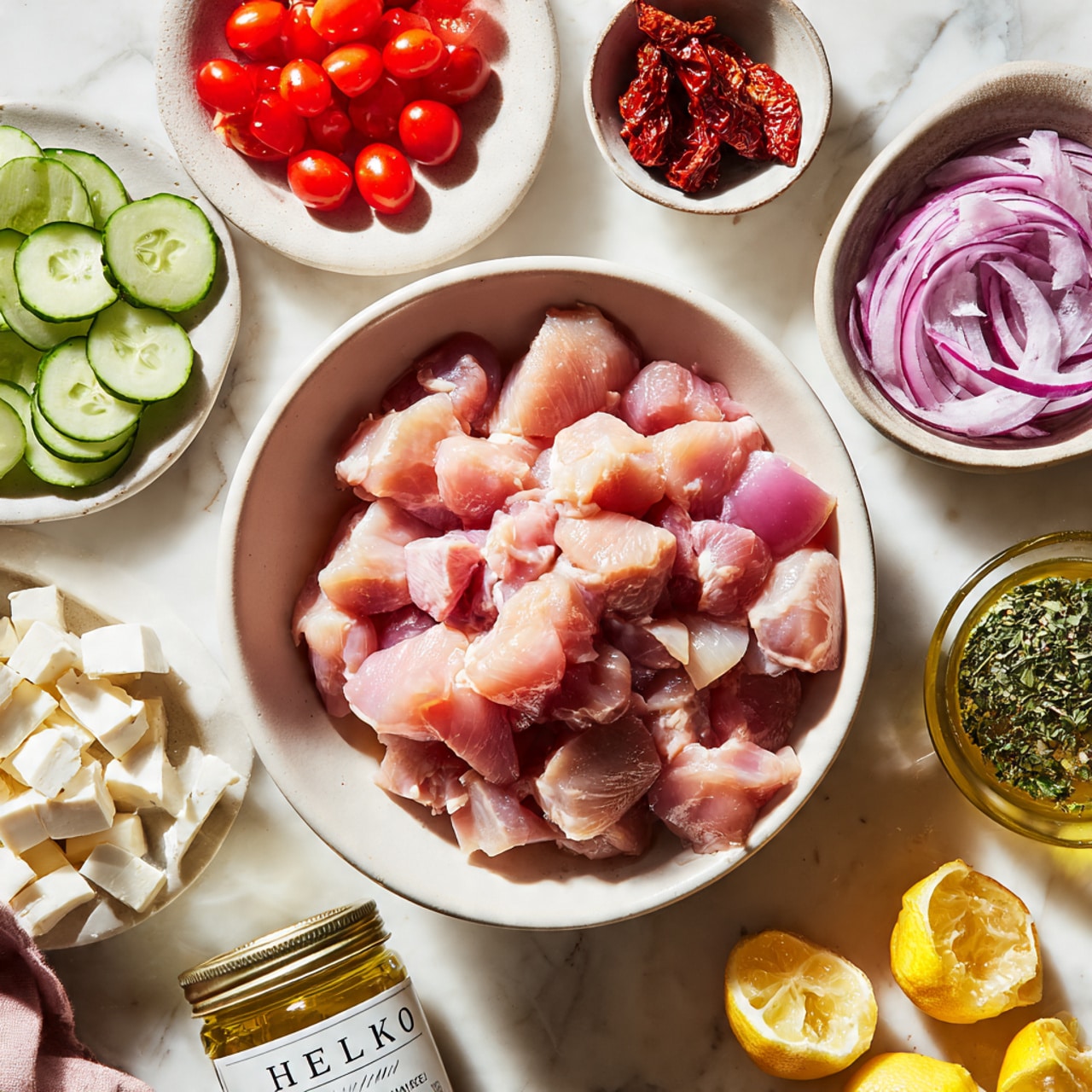 A white bowl filled with raw, pink chicken pieces is placed near the back center on a white marbled surface. Surrounding it are small white dishes containing fresh sliced cucumber, halved cherry tomatoes, whole cherry tomatoes, red onion wedges, white cubed cheese, and dried red sun-dried tomatoes. There is also a small bowl with green olives, another with green herbs, and one with olive oil and garlic slices. A glass jar of olive oil and three lemon halves are placed to the right of the bowls. Everything sits neatly arranged under soft, natural light in a clean kitchen setting. photo taken with an iphone --ar 4:5 --v 7
