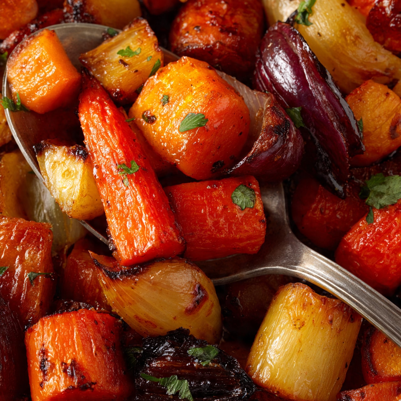 A close-up of a silver spoon filled with roasted vegetable pieces, including bright orange carrot slices with charred edges, small golden-yellow potato chunks seasoned with herbs, and bits of dark red onion. The spoon is held above a white marbled surface scattered with more of these roasted vegetables, showing a mix of orange, yellow, and red colors with a slightly crispy texture. The overall image focuses on the rich colors and textures of the roasted vegetables in the spoon and on the surface. photo taken with an iphone --ar 4:5 --v 7