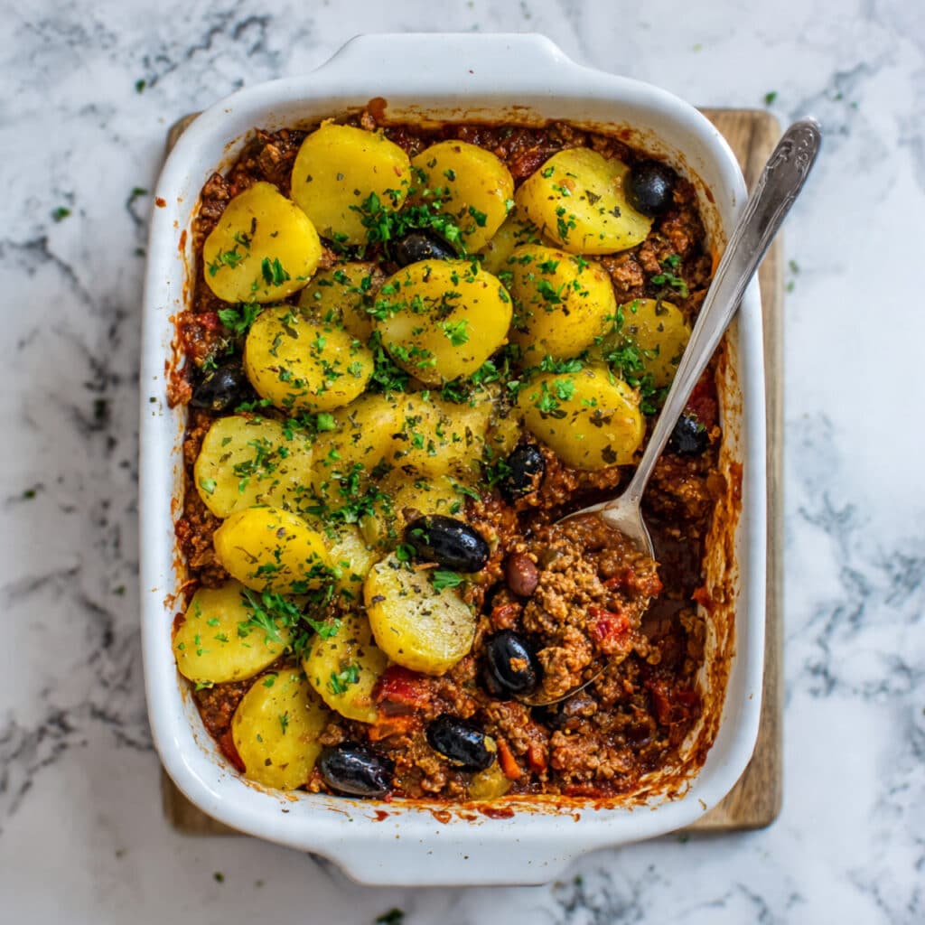 Cowboy Casserole: Hearty Ground Beef, Mushrooms, and Potatoes in a Spicy Red Sauce Recipe