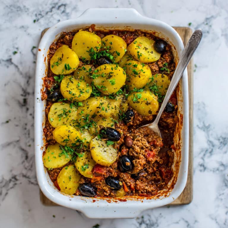 Cowboy Casserole: Hearty Ground Beef, Mushrooms, and Potatoes in a Spicy Red Sauce Recipe