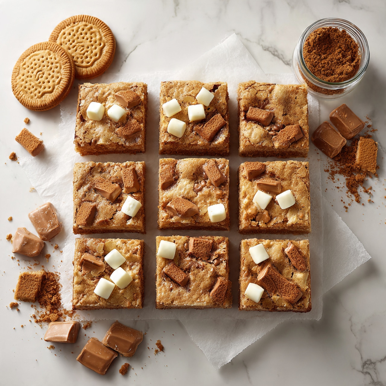 The image shows nine square blondie pieces arranged in a 3x3 grid on white parchment paper over a white marbled surface. Each blondie has a light golden-brown color with rough, cracked tops and is studded with broken pieces of darker brown Biscoff cookies embedded mostly on the top layer. White chocolate chunks are scattered throughout, creating creamy white spots in the blondies. Around the edges of the image are whole Biscoff cookies, a jar filled with crushed Biscoff cookie crumbs, and a wrapped Biscoff cookie on the white marbled surface. photo taken with an iphone --ar 4:5 --v 7