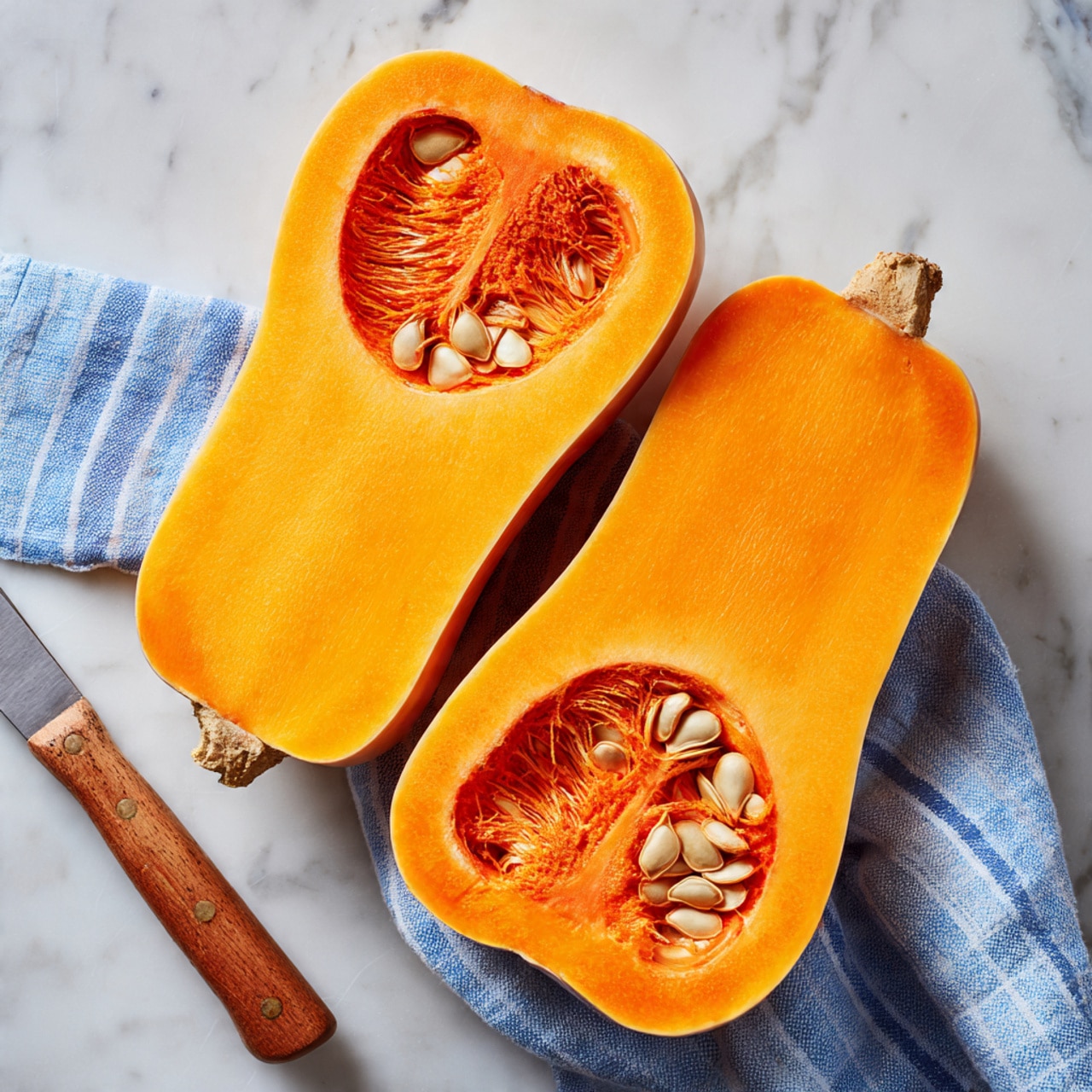 The image shows two halves of a butternut squash placed on a white marbled surface. Each half reveals bright orange flesh with a smooth texture. The bottom half of each piece contains a cluster of light beige seeds attached to stringy inner fibers. To the side, there is a knife with a wooden handle and a silver blade, and a blue and white checkered cloth partially visible near the squash. The overall scene is bright and clean, with the squash halves lying flat and open. photo taken with an iphone --ar 4:5 --v 7