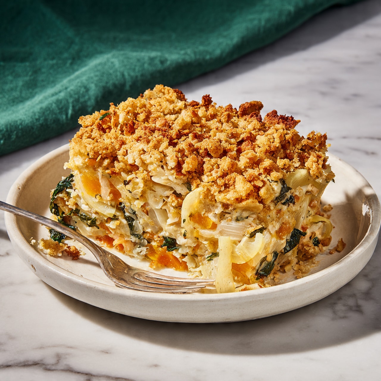A white plate holds a layered casserole-like dish with a crumbly light beige topping scattered unevenly across the surface. Underneath, the dish shows an orange layer that looks soft and cheesy, mixed with wilted green leafy herbs and thin slices of cooked red onion. The base layer appears creamy with chunks of pale vegetables or meat spread throughout. A silver fork rests on the plate's edge, partly under the food. The plate is placed on a white marbled surface with a green cloth in the background. Photo taken with an iphone --ar 4:5 --v 7