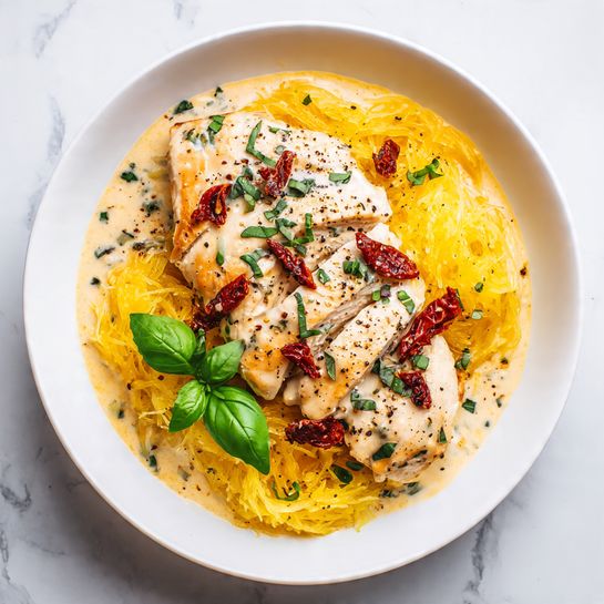 A white plate sits on a white marbled surface, filled with three main layers. The bottom layer is a bed of bright yellow, shredded spaghetti squash spread out thickly across the plate. On top sits a creamy light orange sauce-coated piece of chicken, sprinkled with small pieces of deep red sun-dried tomatoes and finely shredded white cheese. Fresh small green basil leaves are scattered on the chicken and squash, adding touch of color and freshness. A touch of black pepper is sprinkled over the dish, completing the textured and colorful presentation. Photo taken with an iphone --ar 4:5 --v 7