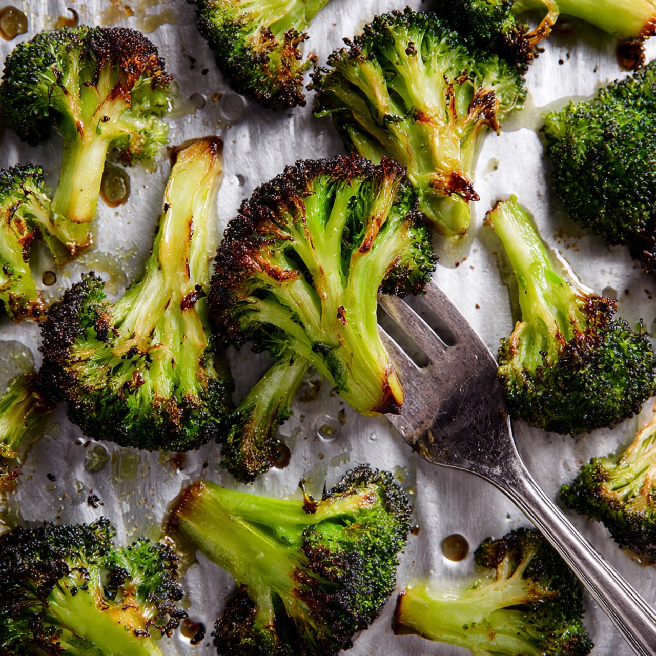 This image shows a close-up of roasted broccoli florets with some parts charred to dark brown, while the rest remains bright green with a slightly crispy texture. The broccoli pieces vary in size and are spread over a metal tray with circular holes. A silver fork holds a few broccoli florets near the center, blending with the scattered pieces around it. The overall look is vibrant with the fresh green color contrasting with the dark roasted spots, set on a white marbled surface. photo taken with an iphone --ar 4:5 --v 7