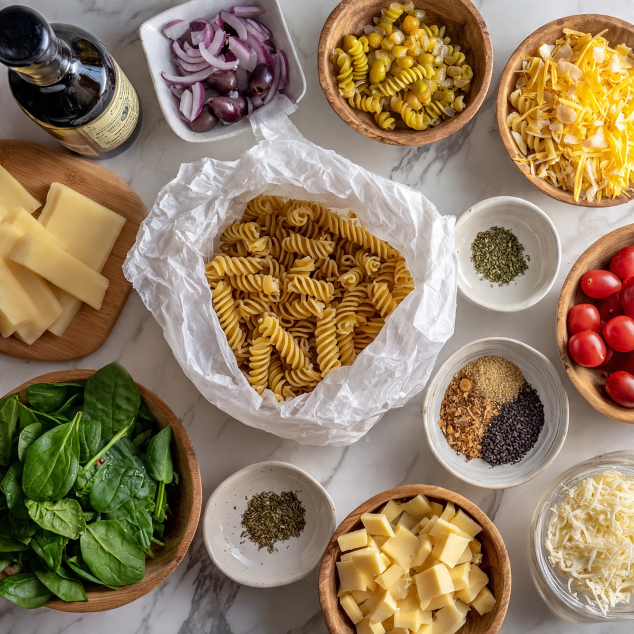 A flat lay image of ingredients arranged on a white marbled surface, featuring a central white paper bag of fusilli pasta with light golden spiral shapes visible through a window. Around it are several small white bowls: chopped shallots with light purple bits, yellow-green pepperoncinis, light beige chickpeas, and finely grated Parmesan cheese with a soft, fluffy texture. There are also wooden bowls with cubed light yellow provolone cheese, fresh dark green spinach leaves, and halved bright red cherry tomatoes. A clear plastic container holds dark purple olives. Small round bowls contain mixed green and brown dried spices, minced creamy white garlic, and freshly ground black pepper and salt side by side. A bottle of black glass olive oil with a golden label and white text stands on the left side, next to a small white bowl filled with reddish vinegar. A woman's hand is not shown in this image. The colors are vibrant and natural, with textures varying from smooth olives and peppers to rough grated cheese and leafy greens. photo taken with an iphone --ar 4:5 --v 7