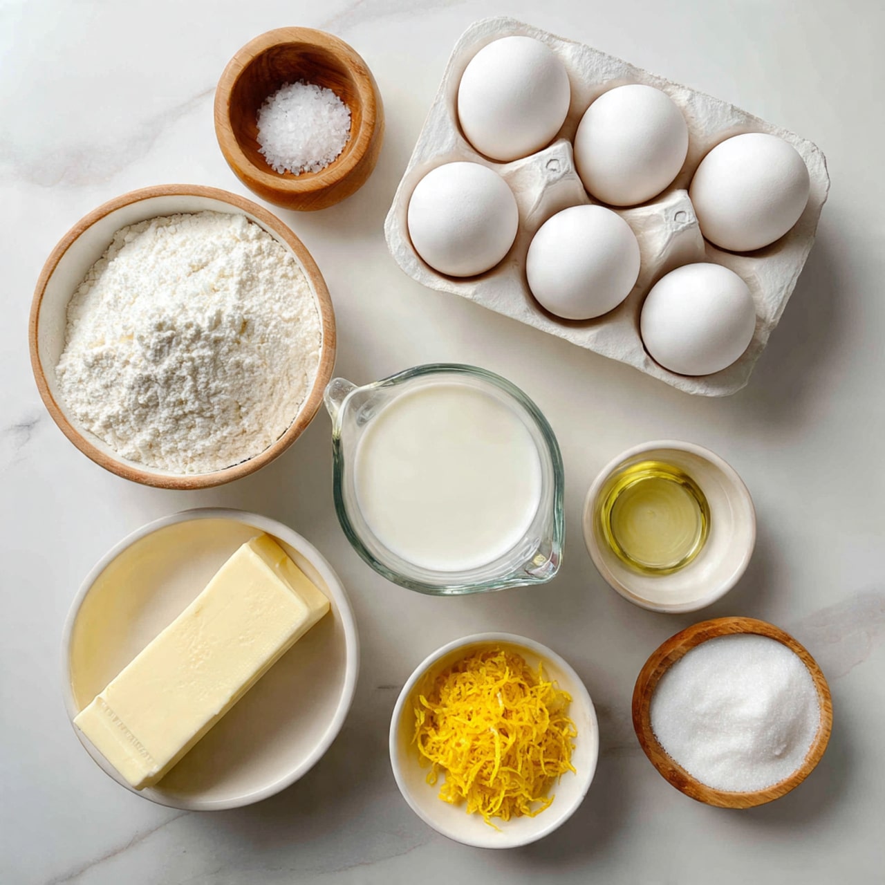 The image shows a white marbled surface with various ingredients neatly arranged. At the top center, there is a white egg carton holding four large white eggs. To the left, a small wooden bowl contains a small amount of salt, and nearby is a white bowl filled with white flour. Next to the flour, a stick of butter with measurement markings lies horizontally. In the center is a clear glass measuring cup filled with milk. To the right of the milk, there is a smaller white bowl with a clear liquid, likely oil, and below it, a white bowl with powdered sugar. In the middle bottom is a small glass bowl with bright yellow lemon zest. Another wooden bowl with granulated sugar is present near the top right. The overall setup is clean and organized, with the ingredients clearly visible and separated. Photo taken with an iphone --ar 4:5 --v 7