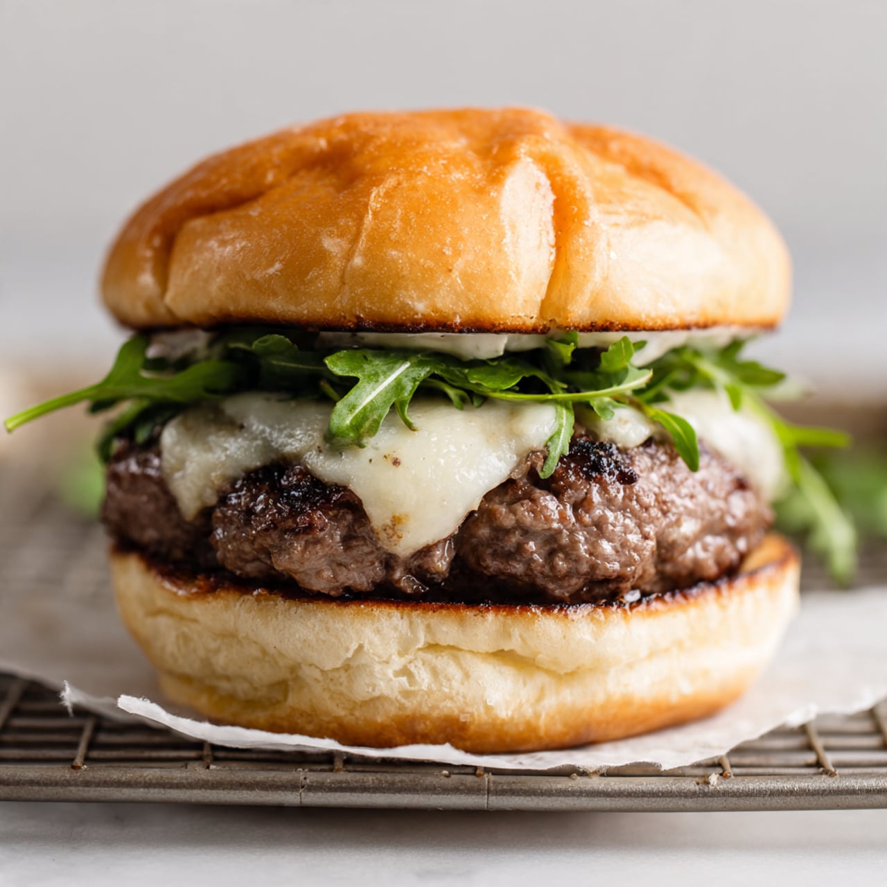 The image shows a bitten burger on a white marbled surface, resting on a metal cooling rack with a small piece of white paper under the burger. The burger has a soft, light brown top bun with a slight sheen. Underneath the bun, there are green leafy arugula leaves. Below the greens, there is melted white cheese sitting on a thick, juicy brown beef patty with visible texture. The bottom bun is soft and golden, similar to the top, and the bitten part reveals the layers inside. Photo taken with an iphone --ar 4:5 --v 7