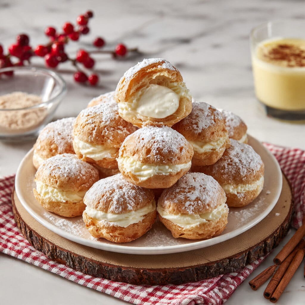 Eggnog Cream Puffs with Eggnog Pastry Cream and Whipped Cream Recipe