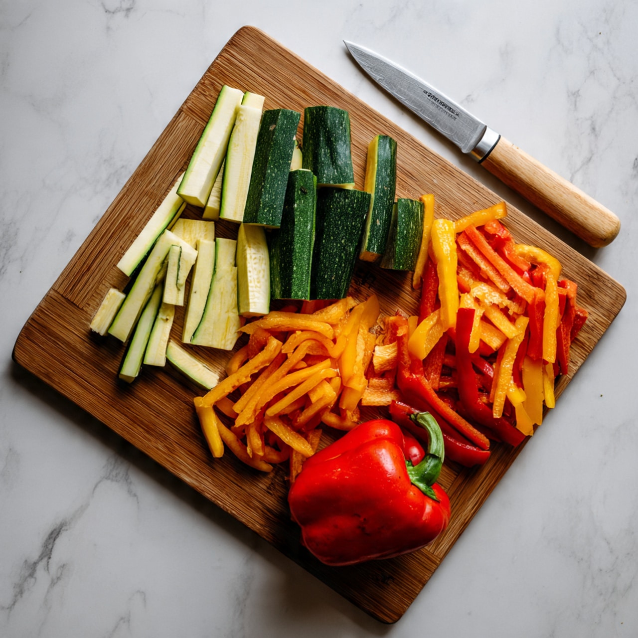 A wooden cutting board on a white marbled surface holds chopped vegetables and a knife with a light wooden handle. On the left side of the board, there are thin strips of green zucchini with the skin on one side. Below them, three chunky pieces of zucchini with dark green skin are placed. On the right side, there are thin orange and red strips of bell pepper piled together, with one larger piece of bell pepper nearby. A whole red bell pepper with a green stem rests near the bottom right corner of the board. The knife is placed near the top right corner of the board. photo taken with an iphone --ar 4:5 --v 7