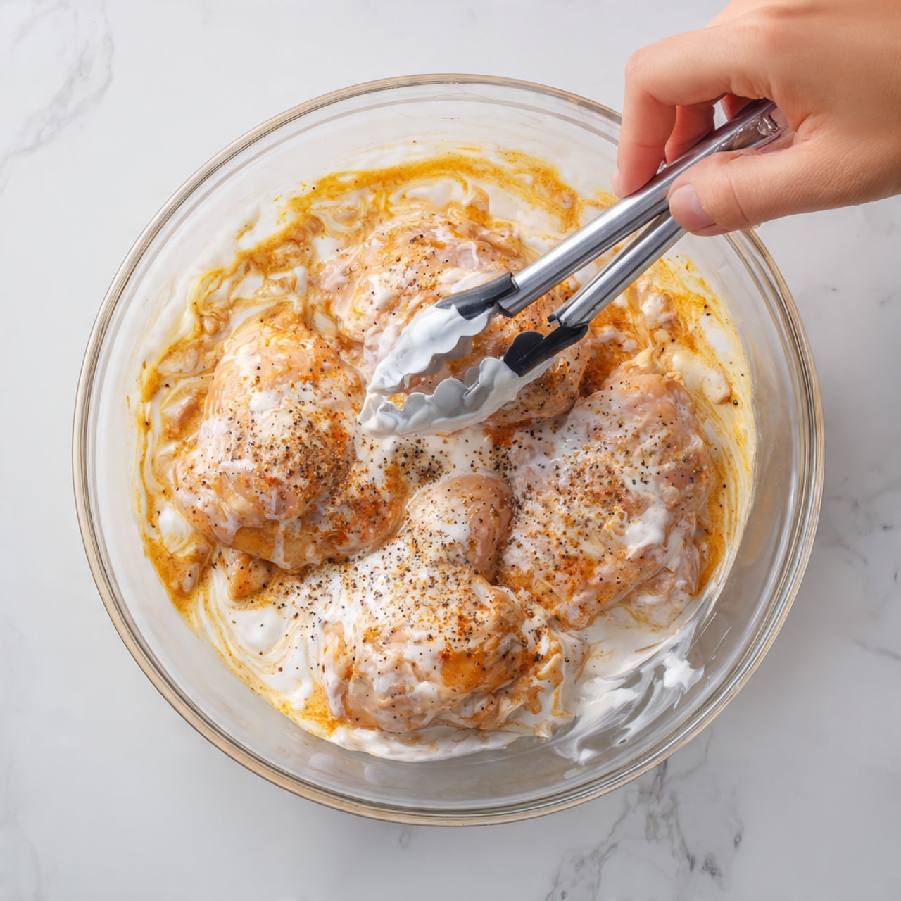 A clear glass bowl holds three raw chicken pieces covered in a white creamy layer, a thick reddish-orange sauce, and a generous sprinkle of black pepper on top. The mixture of sauce and cream creates a swirling effect around the chicken. A woman's hand is holding metal tongs with black silicone tips, gently mixing the ingredients. The bowl rests on a white marbled surface. photo taken with an iphone --ar 4:5 --v 7