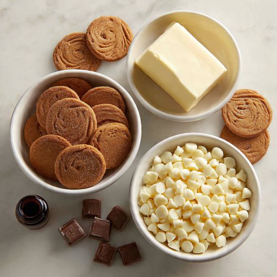 This image shows a white marbled surface with three white bowls. The top right bowl holds a single block of white cream cheese with a smooth texture. The bottom right bowl is filled with many small white chocolate chips, packed closely together. The center bowl contains light brown crushed gingersnap cookies with a slightly rough texture and some swirl marks on top. Around the bowls, there are whole round gingersnap cookies scattered on the surface. At the bottom left corner, a small dark bottle with a black cap is placed next to the bowls. Photo taken with an iphone --ar 4:5 --v 7