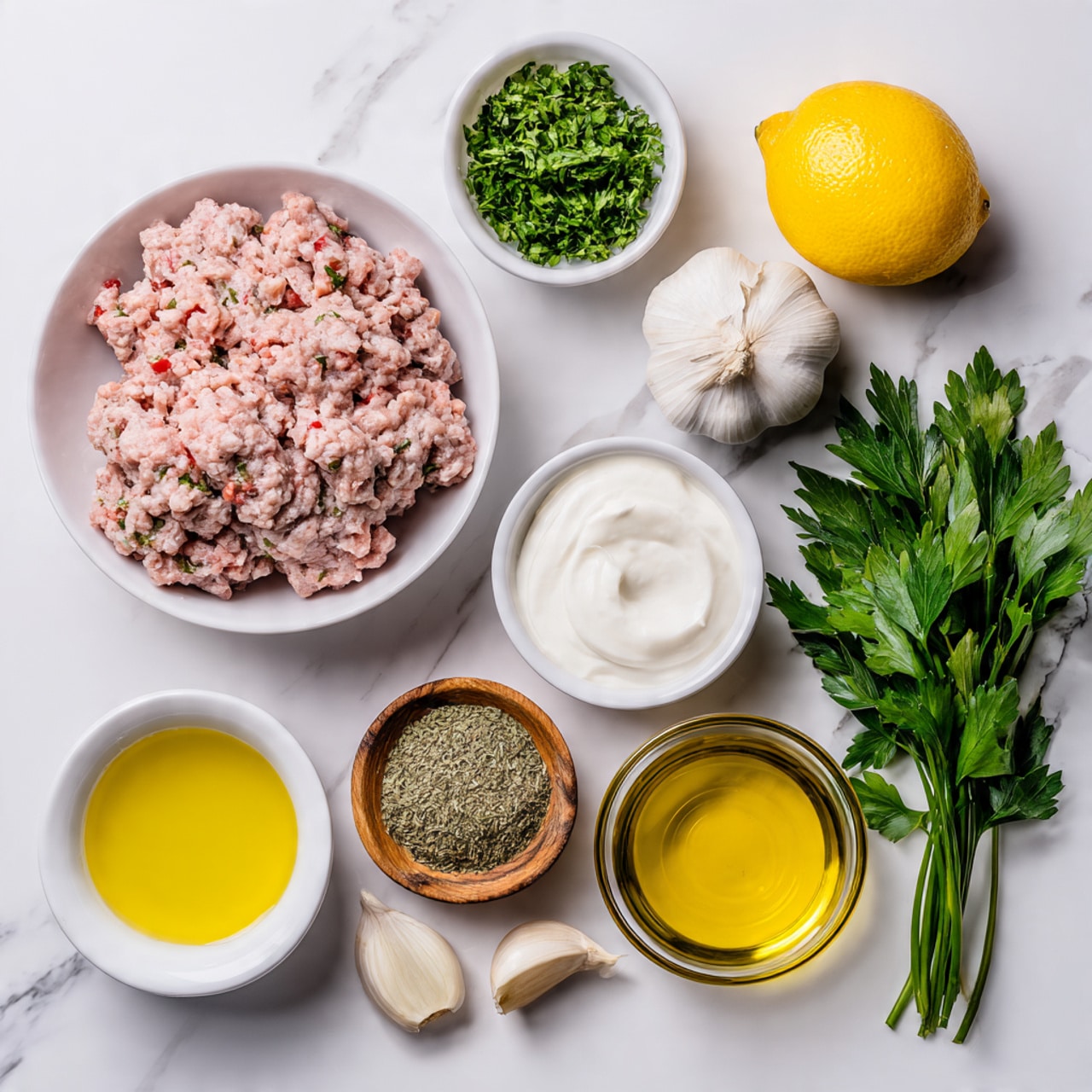 A white bowl on a white marbled surface holds light brown cooked ground meat with small red bits and some green pieces mixed in, positioned on the left. Above it, a small white bowl contains fresh green parsley leaves. To the right is a bright yellow lemon, a white garlic bulb, two garlic cloves, and a small yellow onion arranged in a line. Below, a small white bowl has thick white yogurt. Next to it is a bunch of fresh green parsley with leafy stems spread out. A small wooden bowl contains a coarse green and white spice mix. Near the bottom left, a white bowl holds yellow olive oil with tiny dark herbs floating in it. Nearby, a small whole yellow onion rests beside a clear glass bowl filled with more olive oil. On the far right, a small white bowl is filled with coarse white salt, all placed on a wooden table background but changed to a white marbled surface in the description. photo taken with an iphone --ar 4:5 --v 7