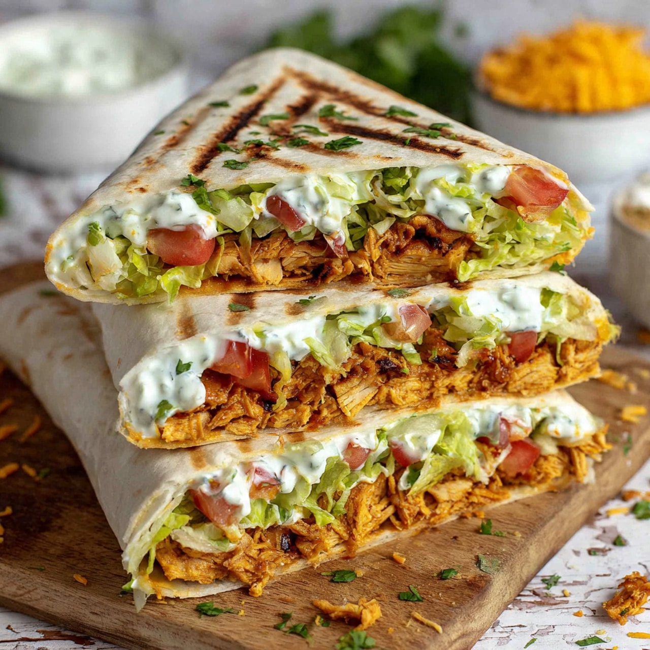 The image shows a stack of three triangular wraps on a wooden surface with a white marbled texture in the background. Each wrap has four main layers: the outer white tortilla is grilled with brown marks on top and bottom, inside there is a layer of crispy golden orange chicken pieces, followed by fresh green lettuce and diced red tomatoes, with a creamy white sauce dotted with green herbs spread on the top layer. The wraps are stacked unevenly, showing the colorful filling clearly. Small bits of lettuce and chicken have fallen on the wooden surface around the stack. In the blurred background, there are white bowls and some orange shredded pieces. photo taken with an iphone --ar 4:5 --v 7