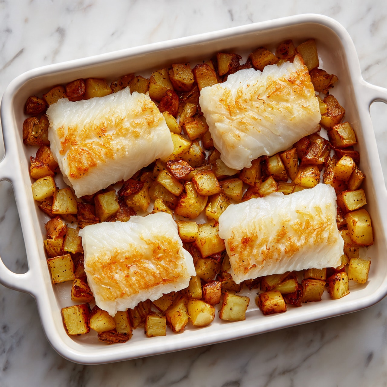 The image shows a white rectangular baking dish with two handles, filled with four pieces of white fish fillets that have a smooth, slightly shiny texture, placed on top of a layer of golden-brown roasted potato chunks. The potatoes are cut into uneven bite-sized pieces with a crisp, slightly browned surface and a soft-looking inside. The dish rests on a white marbled surface with subtle gray veining, creating a clean and bright setting. photo taken with an iphone --ar 4:5 --v 7