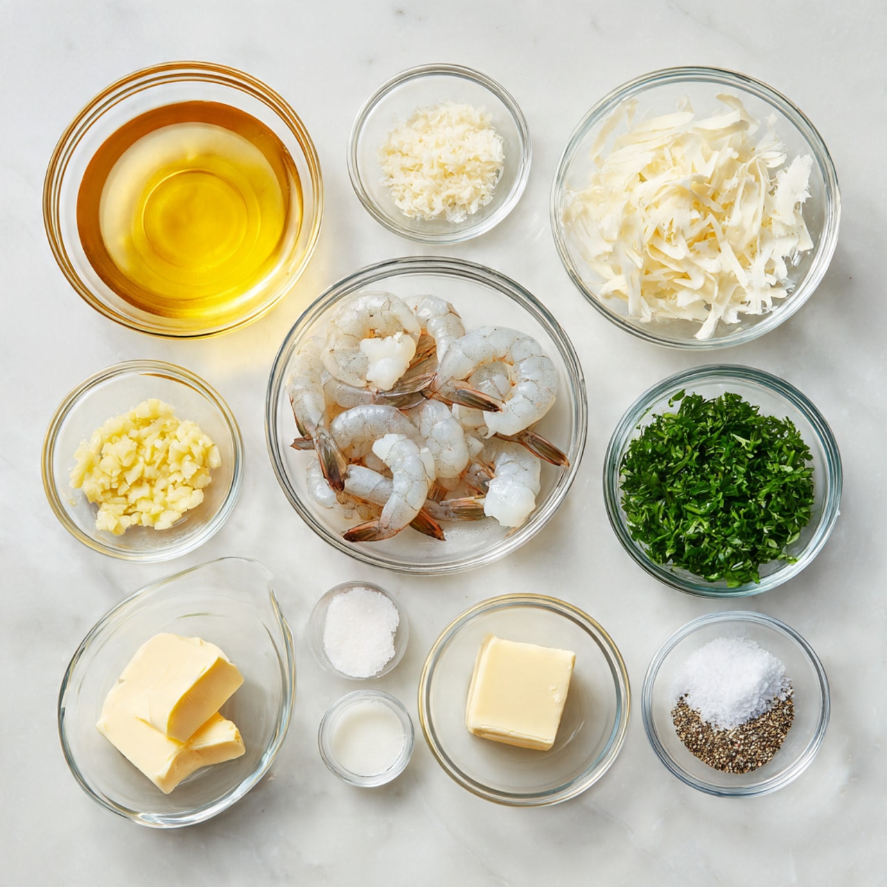 The image shows nine clear glass bowls arranged on a white marbled surface. From left to right, the first bowl contains yellow chicken or vegetable stock, the second bowl holds white grated parmesan cheese, and the third is filled with white heavy cream. Below, there is a bowl with translucent raw shrimp with dark shell tips, placed next to a tiny bowl of light yellow minced garlic. Next to them is a small bowl filled with green chopped parsley. On the right side, two small clear bowls contain black and white salt and pepper mix and white salt, respectively, while another bowl holds pale yellow butter. Each bowl is clearly separated, creating a clean and organized layout. Photo taken with an iphone --ar 4:5 --v 7