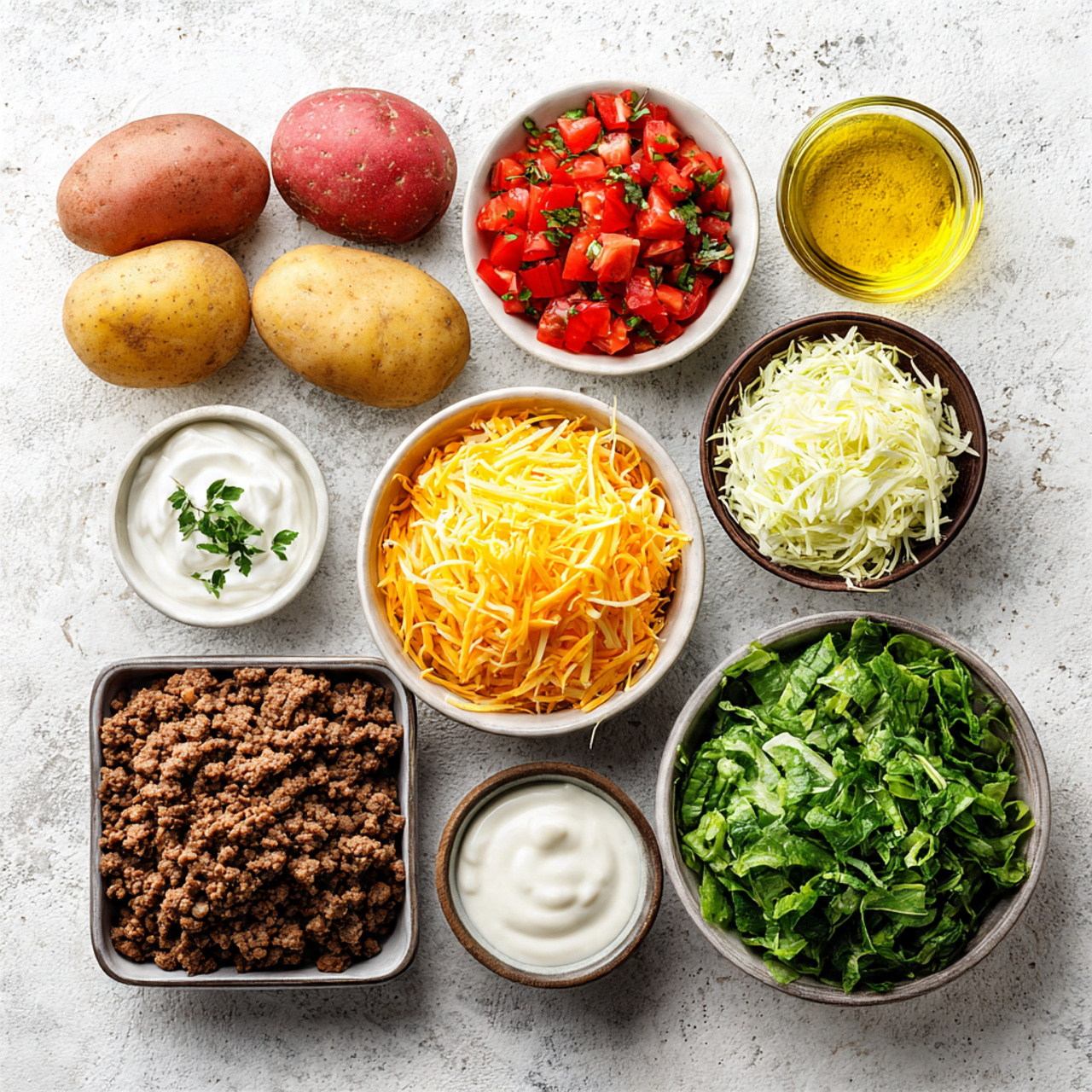 Loaded Potato Taco Bowl Recipe 4 The image shows ingredients for a taco salad arranged neatly on a white marbled surface. There are five whole potatoes, four light brown and one red, placed at the top left and center. Next to them are small white bowls containing vibrant red diced tomatoes with green herbs, a large bowl of shredded yellow and white cheese, a smaller bowl of shredded white cheese, and two bowls of white creamy sour cream. At the bottom left is a square metal dish filled with cooked crumbled ground beef. Beside it are two tiny bowls, one with white sour cream and one with a small amount of clear liquid, as well as a glass bowl with golden yellow olive oil. On the right side is a larger bowl filled with fresh, shredded green lettuce. The arrangement is clean and organized, capturing the colors and textures clearly photo taken with an iphone --ar 4:5 --v 7