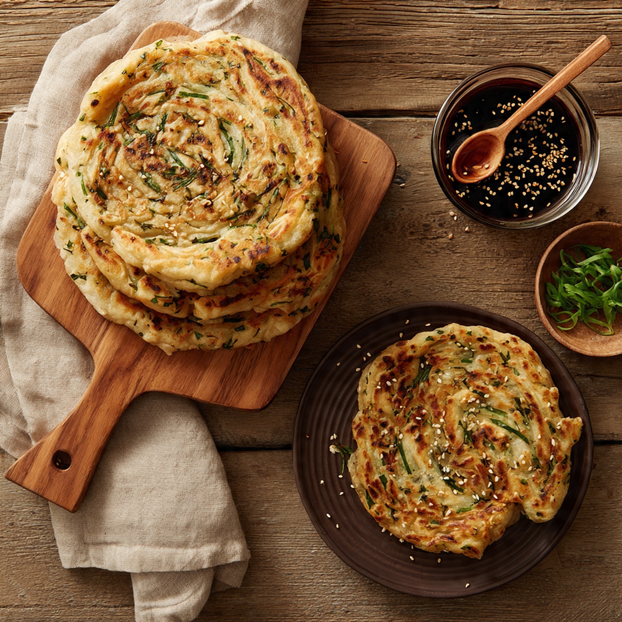 The image shows three round, golden-brown scallion pancakes with a slightly crispy texture and green onion bits visible throughout each layer. Two whole pancakes rest stacked on a round wooden cutting board with a handle, while one smaller pancake is placed on a dark brown decorative plate below. A small glass bowl of dark dipping sauce with sesame seeds floating on top sits next to the plate, with a wooden spoon resting inside. The background is a rustic wooden surface partly covered with a light beige cloth. The overall scene gives a warm, cozy feel. Photo taken with an iphone --ar 4:5 --v 7