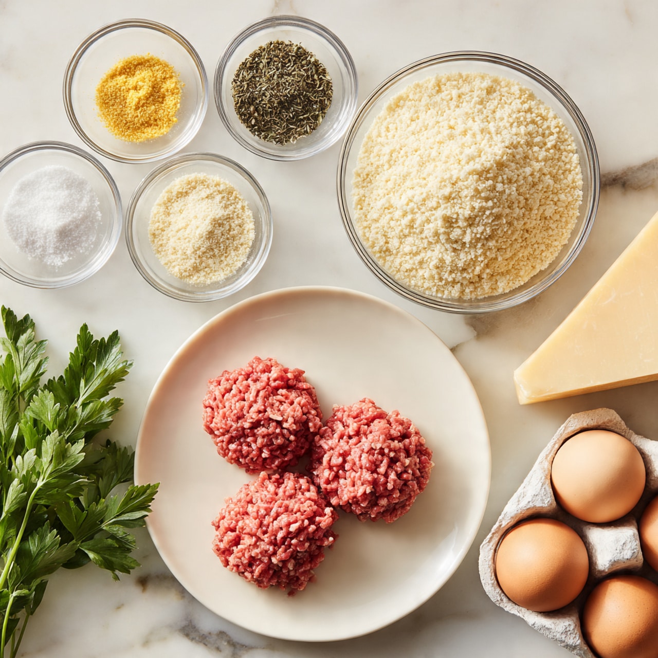 A photo shows a top view of ingredients for a dish arranged on a white marbled surface. In the center at the bottom is a white plate with two portions of ground meat, one pink and one red. Above the plate are four small clear glass bowls filled with white salt, yellow garlic powder, dark dried herbs, and black pepper, arranged in a diamond shape. To the right of the bowls is a larger clear glass bowl filled with light beige breadcrumbs. Next to the bowl is a triangular block of pale yellow cheese with a rough texture. At the bottom right, two brown eggs sit in a white egg holder with spaces for four eggs. A bunch of fresh green parsley is placed on the marbled surface near the plate. Photo taken with an iphone --ar 4:5 --v 7