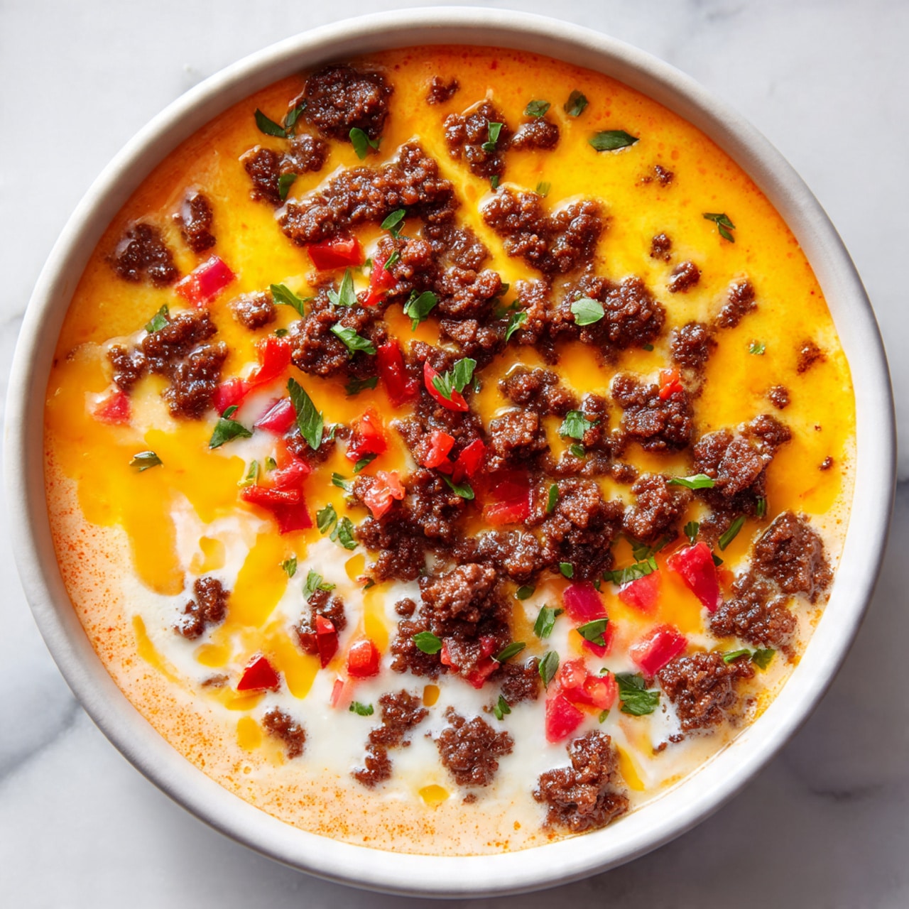 This dish is shown in a round white bowl placed on a white marbled surface. The dip has three visible layers: the bottom layer is a creamy mixture with a pale orange color, the middle layer is melted white cheese covering the dip, and the top layer is made of cooked ground beef that is brown and slightly crumbly, scattered evenly across the surface. Small red pieces and green chopped herbs are sprinkled on top, adding pops of color. The texture looks smooth where the cheese melts, with some roughness from the meat and herbs. Photo taken with an iphone --ar 4:5 --v 7