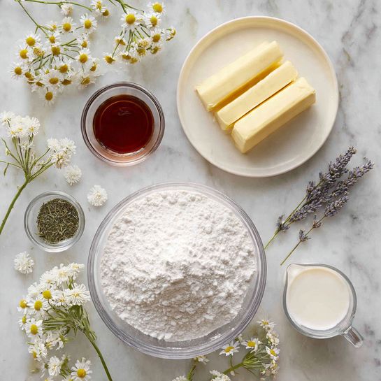 The image shows baking ingredients arranged on a white marbled surface with small white and yellow flowers scattered around. In the center bottom, there is a large clear glass bowl filled with white powdered sugar, which has a soft, powdery texture. To the top right, a white plate holds two pale yellow sticks of butter with a smooth surface and a small sprig of dried lavender placed beside them. Near the top left is a small clear glass cup with dark amber liquid, likely vanilla extract, and below it, a small clear bowl with dried green herbs. At the bottom right, there is a tiny clear measuring cup filled with white liquid, likely milk. The photo taken with an iphone --ar 4:5 --v 7
