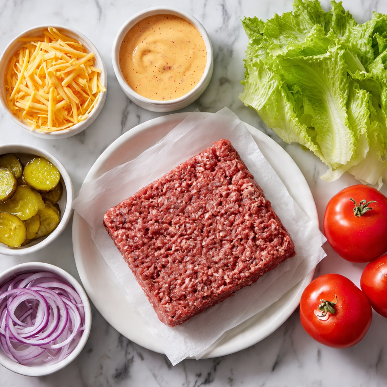 A square shaped raw ground beef patty with a coarse texture sits on white parchment paper on a white plate in the center. Around it are small white bowls arranged in a circle: sliced pickles with green ridged edges, shredded pale yellow cheese, creamy orange sauce with specks, thin purple onion rings, and bright red grape tomatoes. To the top right, several strips of crispy cooked bacon with dark reddish-brown color lay on a white plate. Fresh green lettuce leaves with a slightly wrinkled texture are in the bottom right corner. All items are placed on a white marbled surface. photo taken with an iphone --ar 4:5 --v 7
