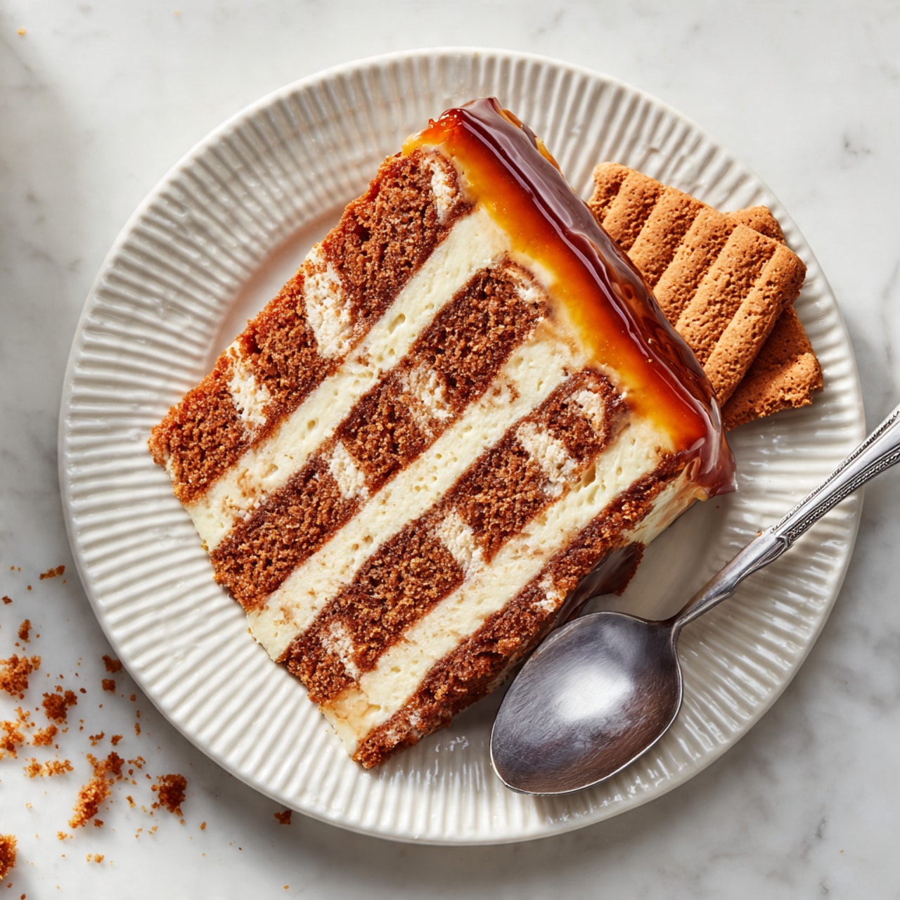 A slice of layered cake is shown on a white textured round plate with ridges. The cake has seven visible layers with alternating light beige creamy filling and medium brown cake layers, creating a striped pattern. There is a shiny caramel glaze on top edge and a couple of small caramel biscuit pieces placed near the slice. A silver spoon rests on the right side of the plate, partially touching the cake's side. The white marbled surface underneath adds a clean and bright background, with some small brown crumbs scattered around the plate. Photo taken with an iphone --ar 4:5 --v 7
