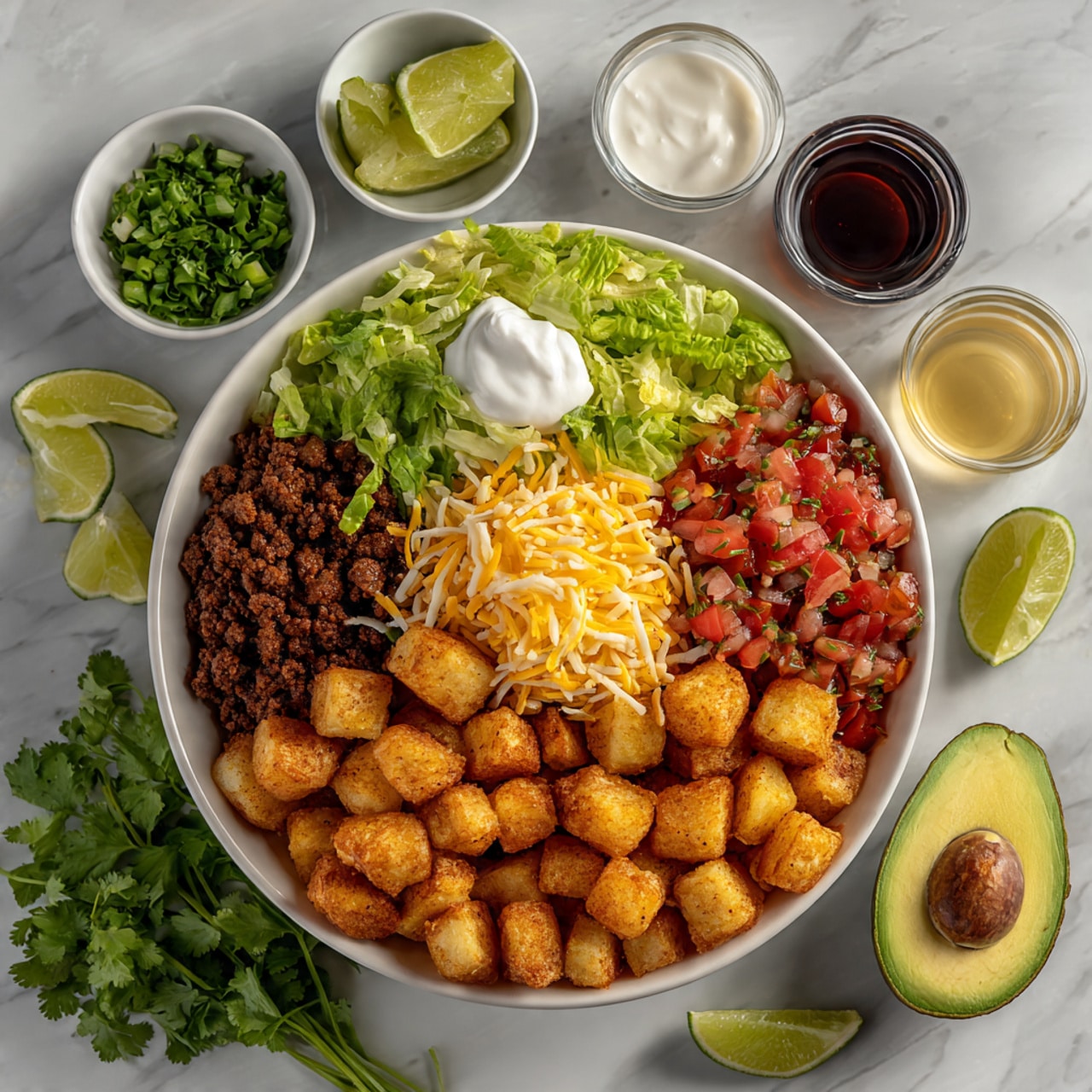 Loaded Potato Taco Bowl Recipe 5 A white bowl is filled with six layers: crispy golden brown roasted potato cubes on the right, shredded yellow cheddar cheese in the center, fresh green lettuce topped with a white dollop of sour cream on the upper left, browned ground beef on the lower left, and bright red tomato salsa with bits of green herbs just below the cheese. Around the bowl, there are small white dishes with lime wedges, fresh green cilantro, and two bowls with white sour cream and sliced limes, plus small glass bowls containing a light yellow liquid and a dark brown liquid. A halved avocado with a large seed is placed on the white marbled surface near the bowl. Photo taken with an iphone --ar 4:5 --v 7