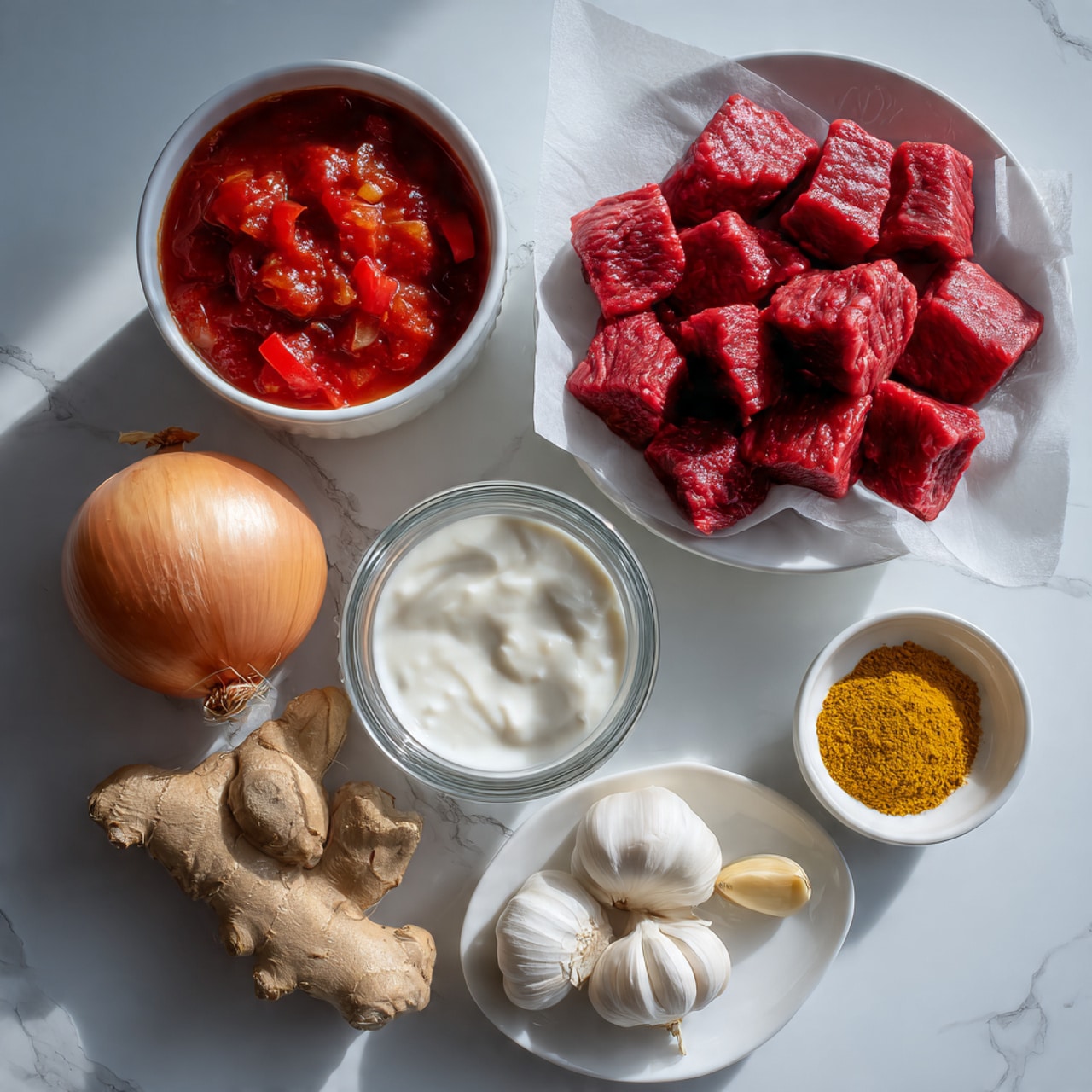 The image shows ingredients arranged neatly on a white marbled surface. On the right side, there's a white bowl lined with parchment paper filled with deep red raw beef chunks. To the top left, a white bowl holds chunky red tomatoes in sauce. Below that, a whole brown onion sits next to a small white bowl with thick, smooth red paste. In the center, a transparent container is filled with white yogurt showing small lumps. Below it, fresh light brown ginger root is placed near five whole peeled garlic cloves. To the right, a small white plate contains bright yellow curry powder. The items are spaced with a clear view of each, and the lighting is soft and natural. photo taken with an iphone --ar 4:5 --v 7
