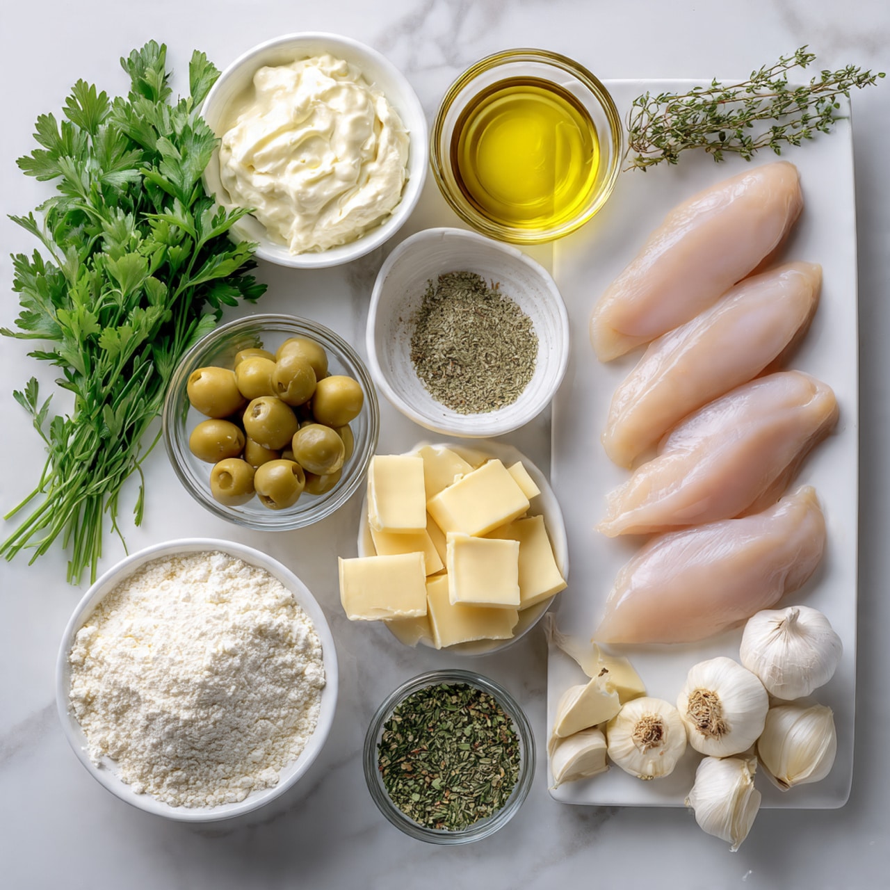 The image shows various cooking ingredients placed on a white marbled surface. In the top right corner, there is a white rectangular plate holding pale pink chicken tenderloins arranged side by side. Next to it are small piles of light yellow parmesan cheese and a small glass bowl of clear golden extra virgin olive oil. Near the center, a bunch of fresh green flat-leaf parsley lies to the left, and nearby is a small glass bowl filled with green Sicilian olives. Below the cheese, there is a small round glass bowl containing green dried oregano and a light yellow chunk of unsalted butter. To the bottom left, a larger glass bowl holds white all-purpose/plain flour, and above it, several peeled garlic cloves and fresh thyme sprigs in green and brown tones sit to the right. A small glass bowl of salt and black pepper is placed near the flour. Behind everything, a transparent glass container of thickened cream is visible. The arrangement is neat, with labels identifying each item in bold black and white text. Photo taken with an iphone --ar 4:5 --v 7