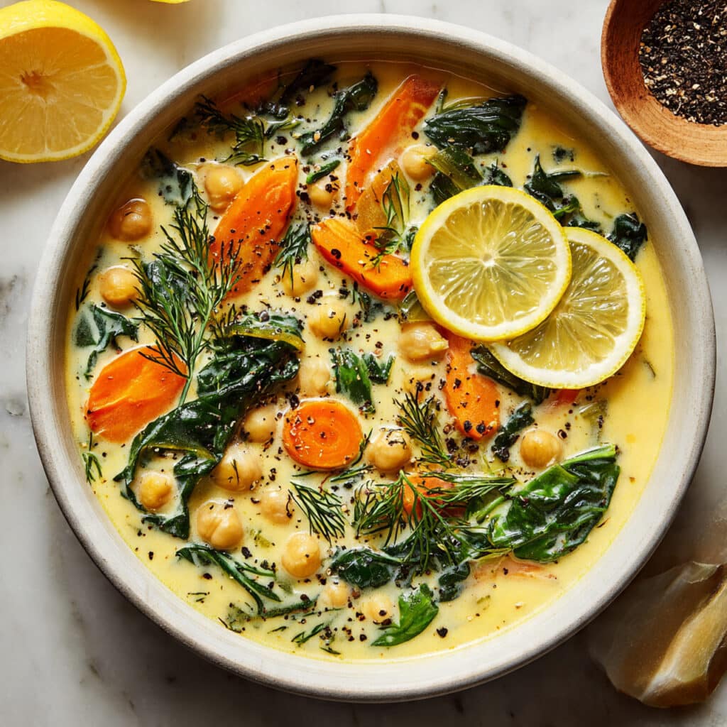 Lemony Greek Chickpea Soup with Orzo and Fresh Vegetables Recipe