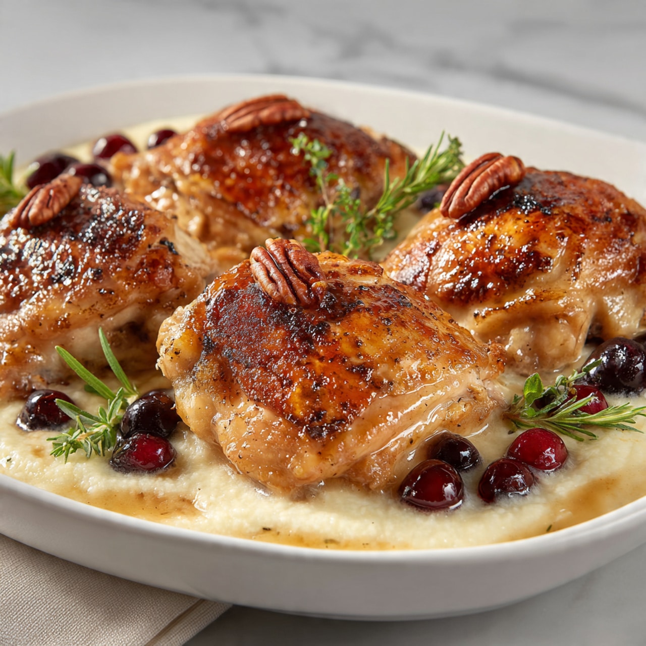A white baking dish holds a cooked layered dish with a golden brown crispy top layer of glazed pieces. Scattered on top are bright red whole cranberries and small chunks of soft white cheese. The surface of the food has a shiny texture with herbs visible, giving a mix of dark brown, golden, red, and white colors. The dish is placed on a white marbled surface with a textured gray cloth partially visible. Photo taken with an iphone --ar 4:5 --v 7