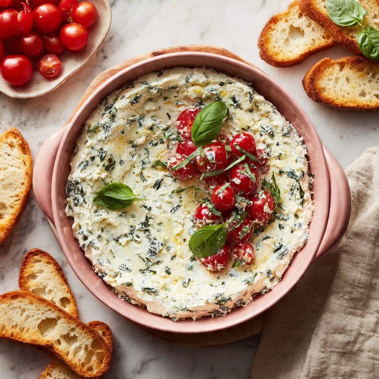A round pink bowl filled with two layers is shown on a white marbled surface. The bottom layer is a thick spread of white creamy cheese mixed with herbs, covering the entire base of the bowl with a slightly rough texture. On top, there is a colorful mix of bright red cherry tomato pieces, chopped green basil leaves, and light yellow sautéed onion slices scattered over the cheese. Some whole basil leaves are placed on the tomato mixture for garnish. Around the bowl, there are toasted slices of crusty bread and small dishes with fresh cherry tomatoes and basil leaves. A beige textured cloth is placed nearby. Photo taken with an iphone --ar 4:5 --v 7