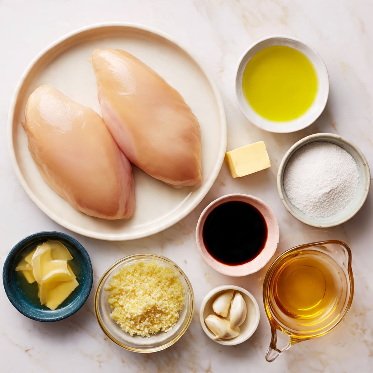 Two raw chicken pieces with a smooth, pale pink color lie on a round white plate on the left side. Around the chicken, small white bowls hold different ingredients: a pale yellow square of butter in a small bowl at the top right, bright greenish-yellow olive oil below it, and white cornstarch in a small bowl to the right. There are also a light pink bowl of pale yellow lemon juice near the left, a deep dark brown soy sauce in a white bowl in the middle, minced pale yellow garlic in a dark blue bowl at the bottom left, a clear measuring cup with light yellow chicken broth in the center bottom, and a light brown honey in a metal measuring cup on the bottom right. All items rest on a white marbled texture surface. Photo taken with an iphone --ar 4:5 --v 7