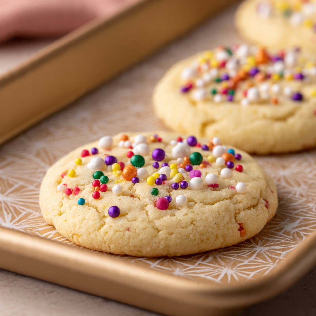 A close-up view of soft, round sugar cookies on a light brown baking sheet with a subtle diamond pattern. There are three cookies visible in the image, with the closest cookie fully in focus, showing a pale golden color and a smooth yet slightly textured surface. Each cookie has small, colorful round sprinkles scattered across the top, featuring a mix of red, purple, green, yellow, white, and orange colors. The background is blurred, emphasizing the nearest cookie while the other cookies appear softer and less clear. The overall lighting is warm and natural, enhancing the inviting look of the cookies. photo taken with an iphone --ar 4:5 --v 7