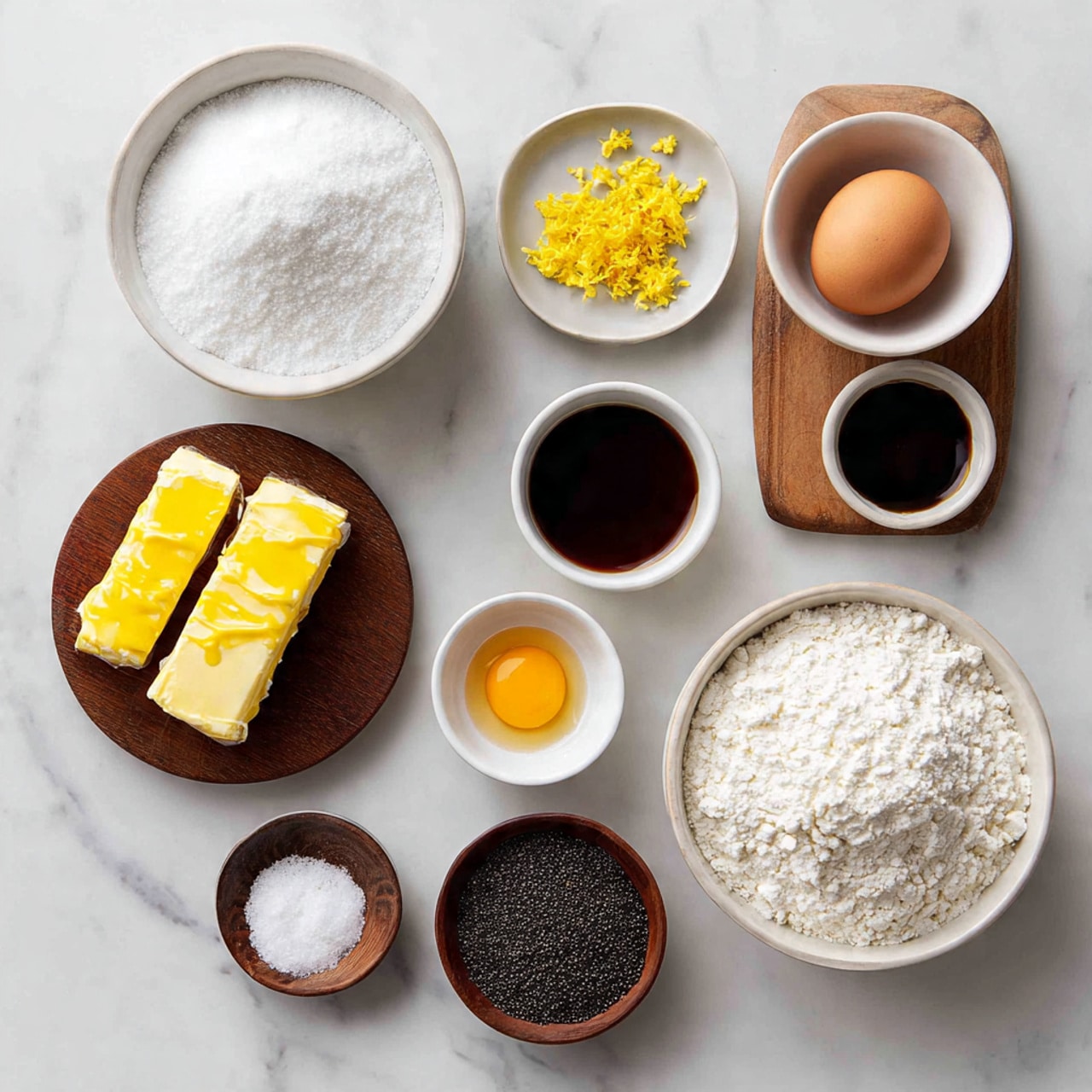 A top-down view of baking ingredients arranged neatly on a white marbled surface, featuring two large white bowls filled with white sugar on the left and white flour on the bottom right; above them, three small white bowls containing dark brown vanilla extract, clear liquid, and bright yellow lemon zest. In the center is a small round wooden board holding two sticks of unsalted sweet cream butter wrapped in yellow paper. To the right, a larger wooden board holds a whole brown egg and a small white bowl with an egg yolk. Around these are three small dark wooden bowls filled with white granulated sugar, salt, and white powdery baking powder, and a small white bowl with black poppy seeds, all placed on the white marbled background. Photo taken with an iphone --ar 4:5 --v 7