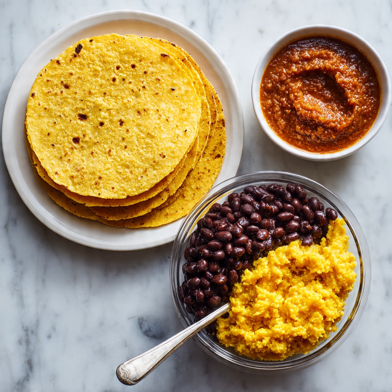The image shows a white marbled surface with three main elements arranged loosely. On the left, there is a stack of five yellow corn tortillas on a white plate, showing a rough and slightly uneven texture. In the center, a clear glass bowl holds two layers of beans: dark brown beans take up the bottom and left half, while bright yellow mashed beans with a soft and crumbly texture sit on the top right side. A silver spoon rests inside the bowl, crossing the yellow beans. On the upper right, a white bowl filled with reddish-brown sauce with a smooth surface is placed. photo taken with an iphone --ar 4:5 --v 7