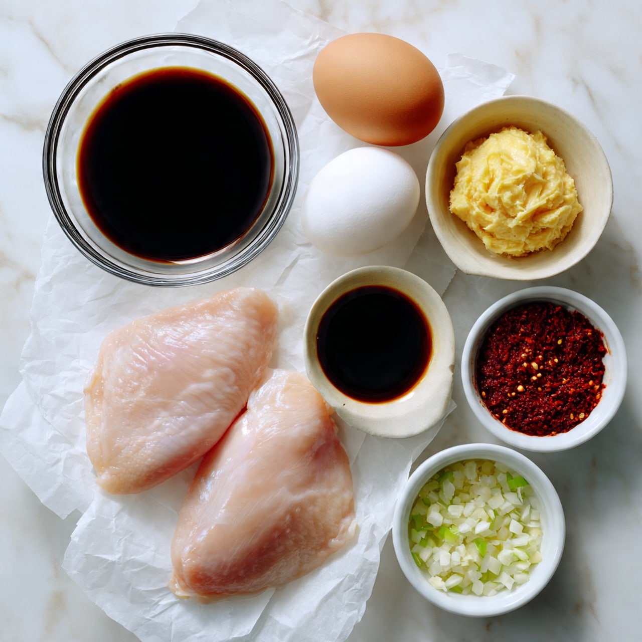 Two raw chicken pieces with a light pink color are placed on white parchment paper at the top left, on a white marbled surface. Near the center, a small clear glass bowl holds a white egg. At the top right, a small clear glass bowl with a dark brown soy sauce sits alone. At the bottom right, a small clear glass bowl contains a thick, deep red chili paste. Toward the bottom center, a small clear glass bowl shows a smooth light yellow ginger paste. At the bottom left, a small clear glass bowl holds finely chopped light yellow garlic. The ingredients are neatly arranged apart from each other over the white marbled background. Photo taken with an iphone --ar 4:5 --v 7