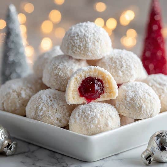 A white square dish filled with round, white powdered sugar covered cookies stacked closely together, with two cookies in front split open showing a bright red cherry in the center surrounded by a light beige dough. The dish sits on a white marbled textured surface decorated with small, soft glowing fairy lights and three small, cone-shaped Christmas trees in the background. A shiny silver bell is placed near the dish, adding to the festive feel. Photo taken with an iphone --ar 4:5 --v 7