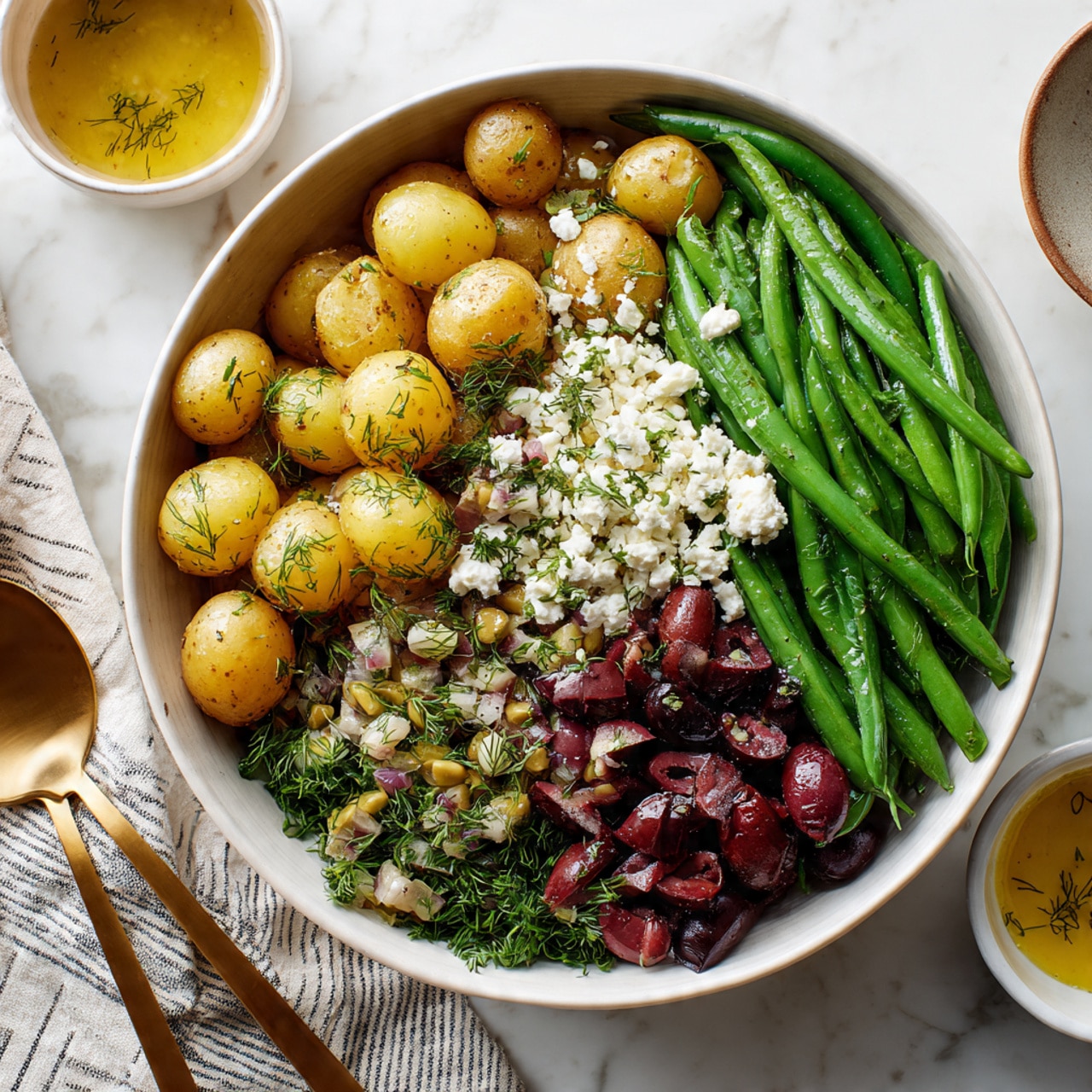 The image shows a white bowl on a white marbled surface filled with a colorful salad made of five main sections. On the left, there is a layer of halved yellow baby potatoes with small whole potatoes mixed in. To the right of the potatoes, a pile of fresh green beans forms a vibrant green section. Next to the beans, white crumbly cheese is sprinkled in a small mound. In the center, there is a heap of green capers surrounded by dark red chopped olives. Below the olives and capers, finely chopped fresh herbs, likely parsley or dill, add a bright green color. To the left of the bowl, striped cloth napkins are partially visible alongside a gold spoon and a silver serving spoon. To the right of the bowl, a small white bowl with a light yellow vinaigrette and a whisk rests on the surface. Photo taken with an iphone --ar 4:5 --v 7