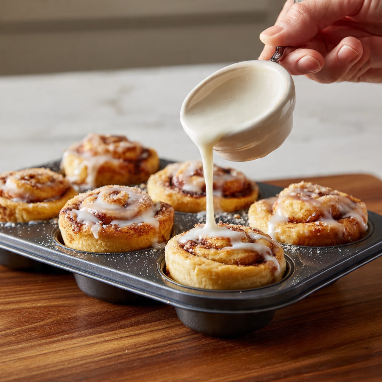 A close-up view of a dark metal muffin tray filled with nine golden-brown cinnamon rolls showing soft, swirled layers that are slightly caramelized on the edges. A woman’s hand is pouring a thick white glaze over the cinnamon rolls from a spoon, with the glaze slowly dripping and covering the warm rolls unevenly. The tray is set against a warm wooden table surface, but the background is changed to a white marbled texture. The cinnamon rolls have visible layers in light and darker brown tones, with the glaze adding a shiny, smooth layer on top. photo taken with an iphone --ar 4:5 --v 7