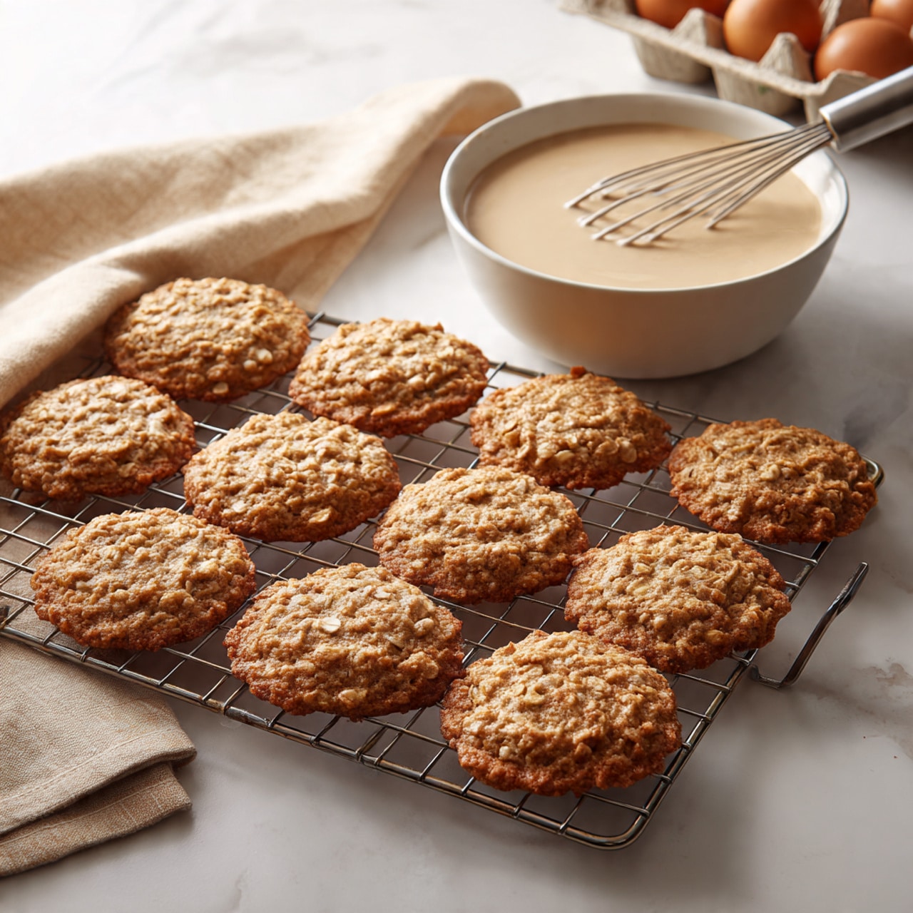 The image shows a cooling rack filled with a dozen round, light brown cookies that have a rough, cracked texture and visible oats inside. The cookies are evenly spaced in rows. On the upper right side, there is a white bowl containing a pale beige batter with a metal whisk inside. Part of a white marbled surface is visible underneath, along with a beige cloth near the top left corner. There is also a partial view of a light-colored egg carton on the right side. The scene is lit softly, giving a fresh, homemade feel to the cookies photo taken with an iphone --ar 4:5 --v 7
