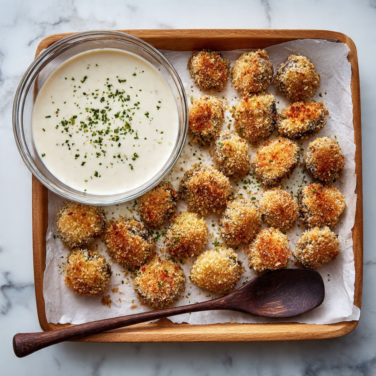 A tray lined with white parchment paper holds many small, crispy, golden-brown pieces that have a rough, crunchy texture, suggesting they are baked or fried. They are spread across the tray except for one side where a round clear glass bowl sits, filled with a smooth, creamy white sauce sprinkled with small green herbs. Next to the bowl is a dark wooden spoon resting on the parchment paper. The tray itself is placed on a white marbled surface. Photo taken with an iphone --ar 4:5 --v 7