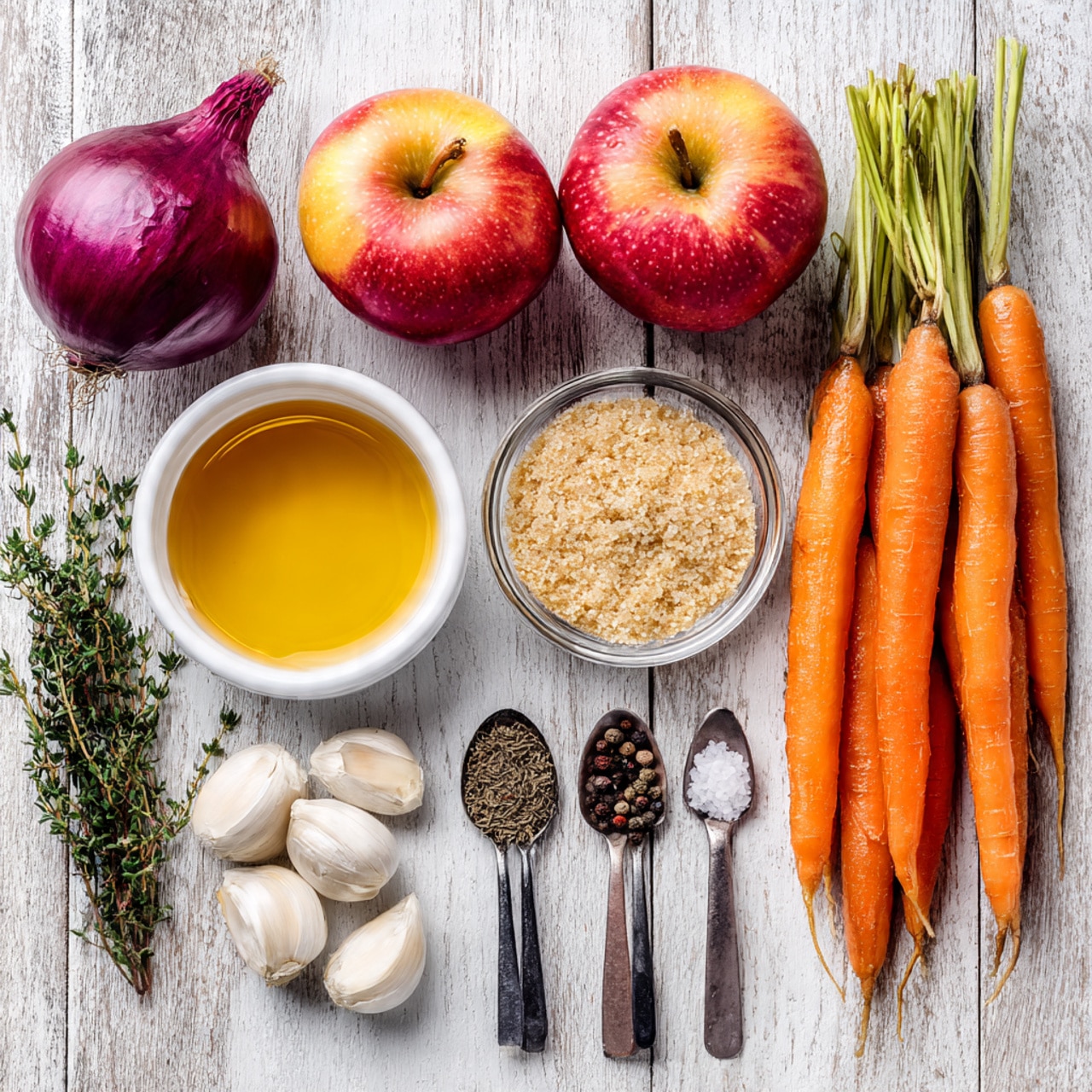 On a light wooden surface, there are three red-yellow apples grouped together near the top center. To the left of the apples is a single purple onion with its dry stem attached. Below the apples and onion, a small clear white bowl holds golden olive oil next to another small clear white bowl filled with grainy dijon mustard. To the left of these bowls is a small clear bowl with amber maple syrup. On the right side of the image, five bright orange carrots with green tops rest diagonally. Near the carrots, several peeled white garlic cloves sit together. Below the garlic, three metal measuring spoons hold dried thyme, coarse white sea salt, and ground black pepper in a row from top to bottom. The surface behind all the items has a white marbled texture. photo taken with an iphone --ar 4:5 --v 7