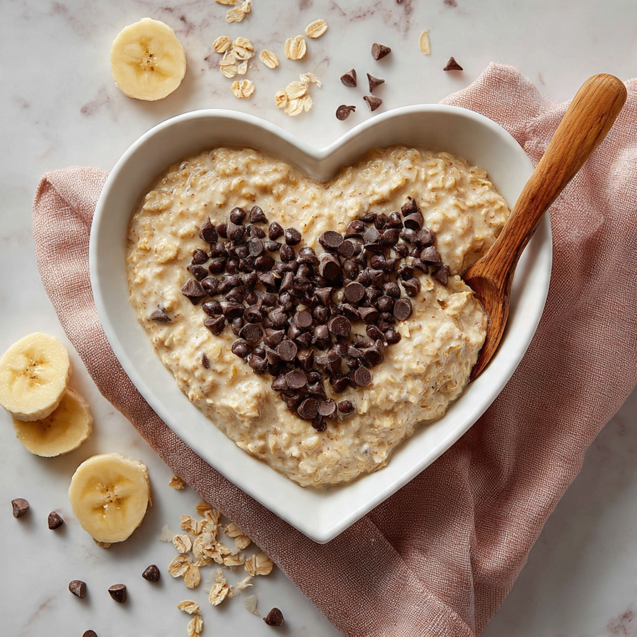 A white heart-shaped bowl filled with a mixture of light beige oatmeal and mashed banana with a slightly sticky texture, topped with a layer of dark brown chocolate chips clustered mostly in the center. A wooden spoon with smooth texture is partially buried on the right side inside the bowl, with its long handle extending out. The bowl rests on a soft, folded dusty pink cloth on a white marbled surface. Around the bowl are several peeled yellow banana halves and scattered chocolate chips and oatmeal flakes. Photo taken with an iphone --ar 4:5 --v 7
