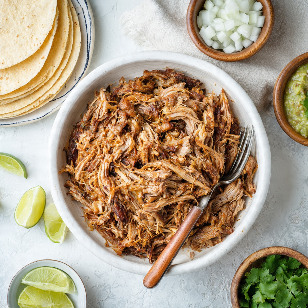 A large white bowl filled with shredded, browned meat that looks tender and juicy, with crispy edges and a mix of light and dark brown colors, a fork with a wooden handle resting on the meat. Surrounding the bowl, there is a stack of round, slightly toasted corn tortillas on a white plate with a blue rim on the left side, a small white plate with lime quarters at the bottom left, a white bowl with green salsa or guacamole at the top right, a wooden bowl with white onion cubes next to it, and a white plate with chopped fresh green cilantro at the bottom right, all placed on a white marbled surface. photo taken with an iphone --ar 4:5 --v 7