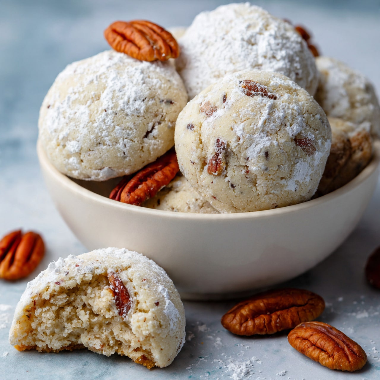 A white bowl filled with round cookies dusted with white powdered sugar sits on a white marbled surface. One cookie rests outside the bowl in the foreground, showing a light beige color with small bits of nuts inside. Pieces of pecans and scattered powdered sugar dust the white marbled background around the cookie. The cookies have a rough texture under the sugar layer, making them look soft and crumbly. Photo taken with an iphone --ar 4:5 --v 7