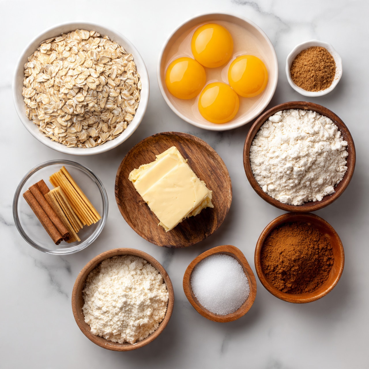 A top view scene shows various baking ingredients arranged neatly on a white marbled surface: two white bowls filled with pale rolled oats and white flour sit at the top right, a white bowl with a cracked egg yolk sits near the center bottom, and beside it, a white bowl with an egg yolk is placed slightly higher. To the left, there is a brown bowl holding thick yellow butter sticks, and small wooden bowls contain brown sugar, cinnamon, salt, and other baking powders scattered around. A small glass bowl with white granulated sugar is also present in the bottom right area. The bowls and ingredients create a clean and organized layout. photo taken with an iphone --ar 4:5 --v 7