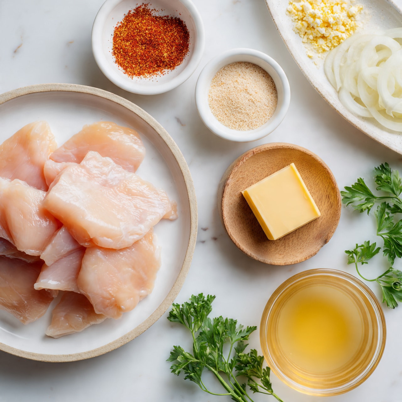 A top view of raw chicken pieces placed in the center of a white plate on a white marbled surface, surrounded by small white bowls and a small wooden bowl each holding thinly sliced pale yellow shallots, finely chopped light yellow garlic, a mix of red paprika, beige onion powder, and cream-colored garlic powder, and a light cream-colored round of Boursin cheese. To the bottom right near the chicken, there is a clear glass cup filled with light golden chicken broth, and beside it, a small wooden bowl holds a smooth, yellow square of butter. Fresh green curly parsley sprigs lie on the white marbled surface next to the bowls. photo taken with an iphone --ar 4:5 --v 7