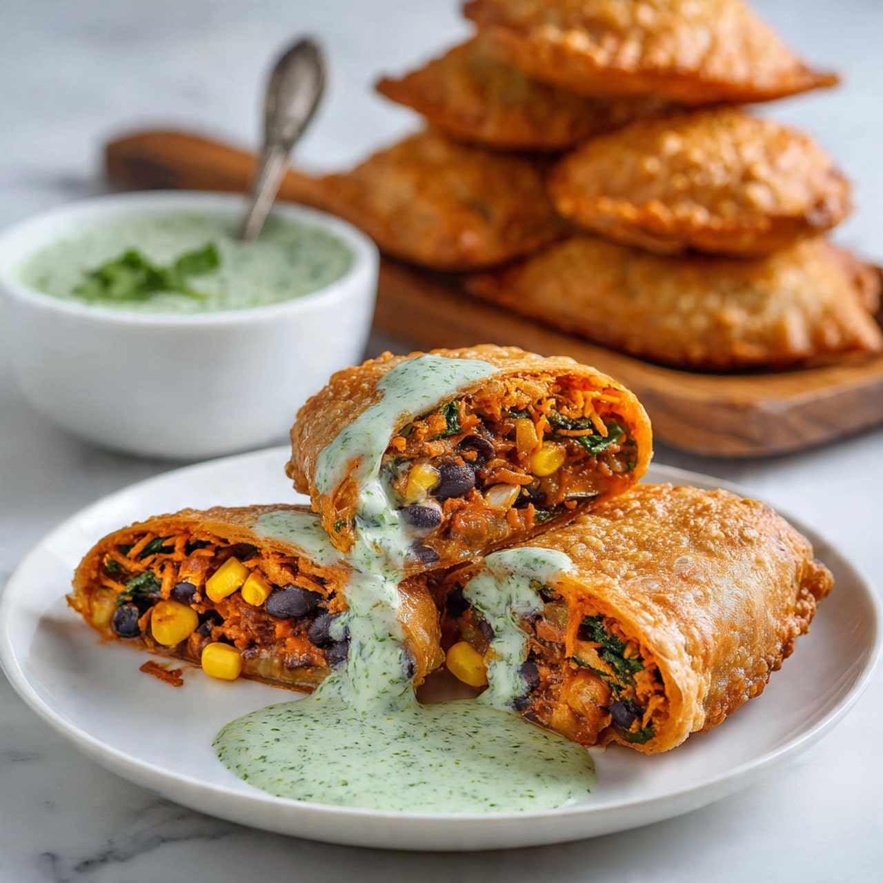 The image shows a white plate with two cut wraps on it, each wrapped in a light golden crispy shell. The inside layers of the wrap show a mix of ingredients including orange cheese, black beans, yellow corn, and green spinach mixed with shredded pieces. One wrap has a thick light green creamy sauce spilling out from inside onto the plate. In the background, there is a wooden board filled with more whole wraps stacked close together, and a white bowl holding more of the green sauce with a spoon in it, all placed on a white marbled surface. Photo taken with an iphone --ar 4:5 --v 7